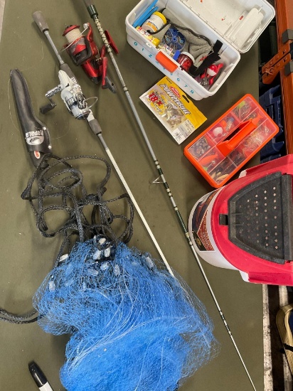 Fishing box with accessories/ items, Tapala knife, bait tolling bucket, net, reels, foshimg pole,