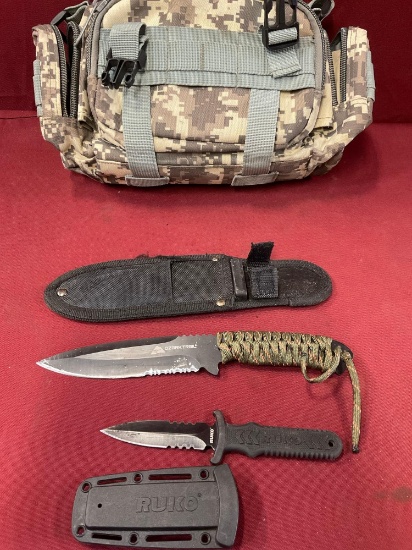 Bag and Ozark Trail 5" blade knife with sheath, Ruko 3" knife with sheath