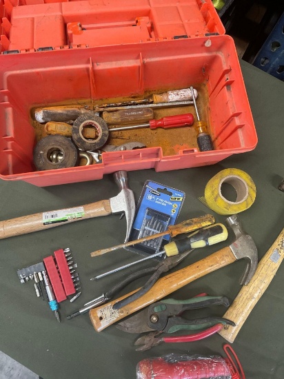 Tool box and assorted tools. Tool box and some tools have rust. Over 20 pieces