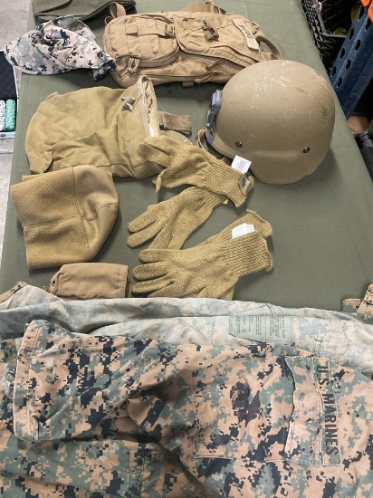 Helmet, pouches, hats, gloves, small and medium shirts. 11 pieces