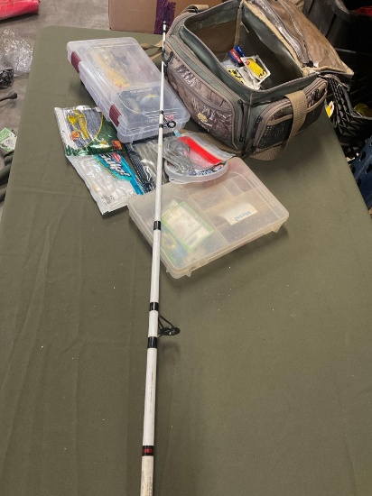 Plano storage boxes with fishing accessories/items, plastic lures,bait, Competitor fishing pole,