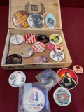 20 vintage pins & Bacchus cigar box
