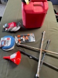 2.5 gallon gasoline container, funnel set, wrenches, pads, detail brush kit. 7 pieces