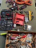 Assorted tools, straps, electrical cord, etc. Over30 pieces