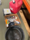 5 gallon gasoline container, car radio, assorted tools and 7 qt drain pan.
