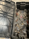 Large plastic storage containers and assorted tools. Over 40 pieces