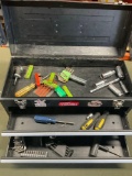 Hyper Tough metal two drawer tool box and assorted tools. Over 25 pieces