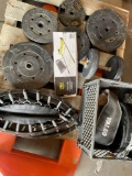 Assorted disc weights, speed ladder, trampoline no legs,belts. 11 pieces
