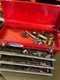 Craftsman metal three drawer tools box and assorted tools. Over 65 pieces