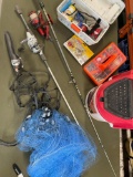 Fishing box with accessories/ items, Tapala knife, bait tolling bucket, net, reels, foshimg pole,