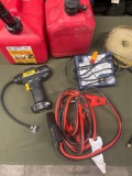 Two gallon gasoline container,strap, cables, etc. 6 pieces