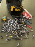 Dewalt tool bag and assorted tools. Over 40 pieces