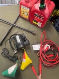 1 & 2 gasoline containers, jumper cables, compressor, funnels. 7 pieces
