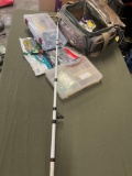 Plano storage boxes with fishing accessories/items, plastic lures,bait, Competitor fishing pole,