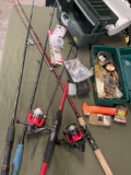 4) Assorted fishing poles, Plano fishing boxes with accessories/ items.