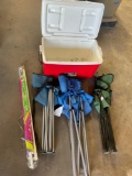 Igloo 48 quarts cooler, foldable chairs, umbrella. 5 pieces