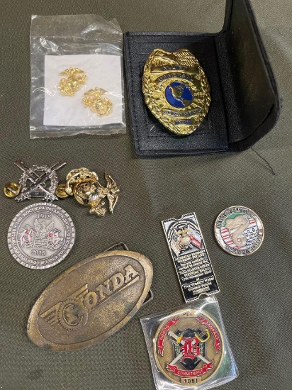 Honda belt buckle, pins, security badge, etc. 9 pieces