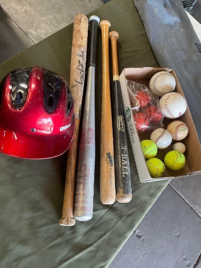 Wilson helmet, 4) bats, assorted balls & bag