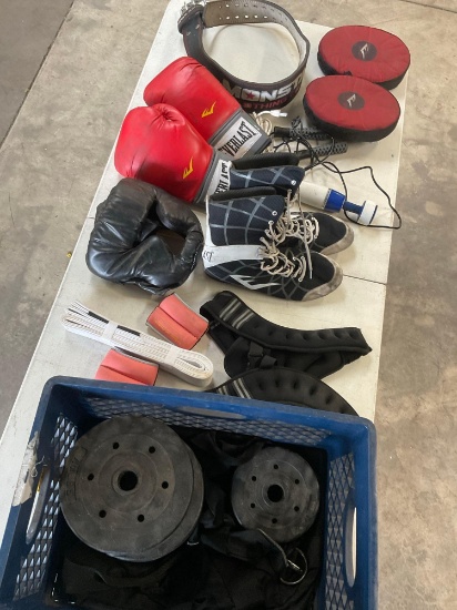 Assorted weights, vest, belt, gloves, rope,etc. 13 pieces