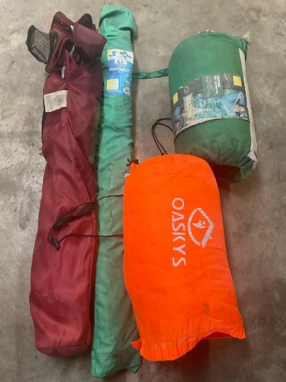 Sleeping bags, umbrella, foldable chair. 4 pieces