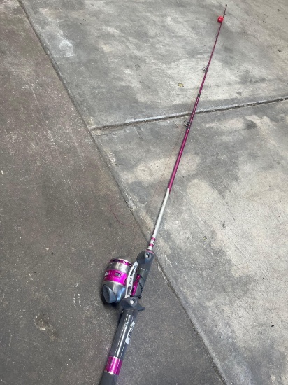 Pink, Zebco 33 Authentic fishing pole with reel