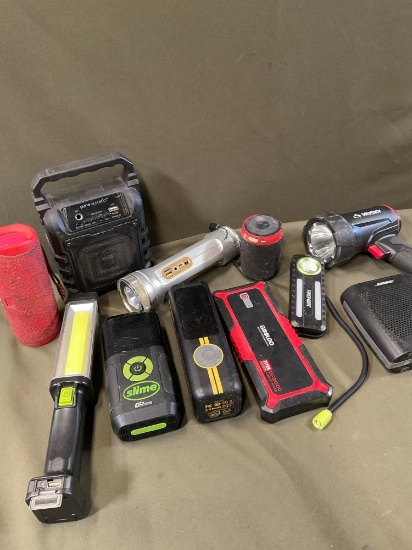 Untested no cords/ batteries. Flashlights, jump starter, speakers, etc. 11 pieces