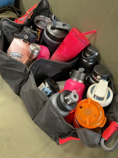 Bag carrier & assorted Starbucks cups, water bottles, shakers, etc