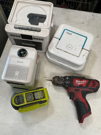 Untested no cords/ no batteries. Robot Braava jet, Milwaukee drill, CD-W16, Sainyer projector, Ryobi