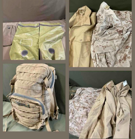 USMC pack, shirts, pants, waterproof dry bags, cap. 9 pieces