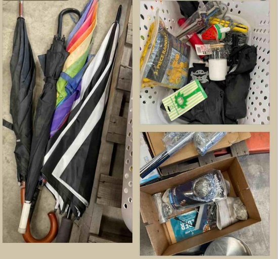 Assorted items. Umbrellas, shower heads, rain suit, hair irons, rugs, scale, sheets, etc. Over 25