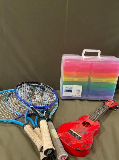Child's guitar, storage case, 4) rackets