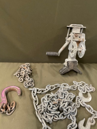 Hand crank winch crank, chain with hooks in both ends, chain, hook