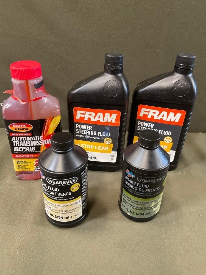 2) Fram + stop leak, 2) Wearever brake fluid, Bars Leaks automatic transmission repair.