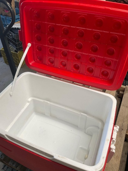 Large red rolling cooler