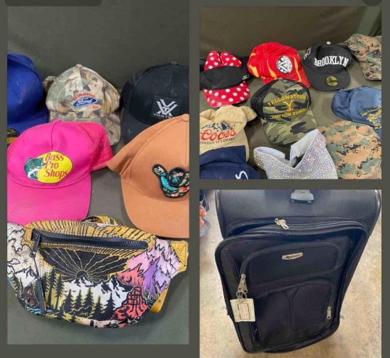 Assorted hats, fanny pack & rolling luggage. 16 pieces