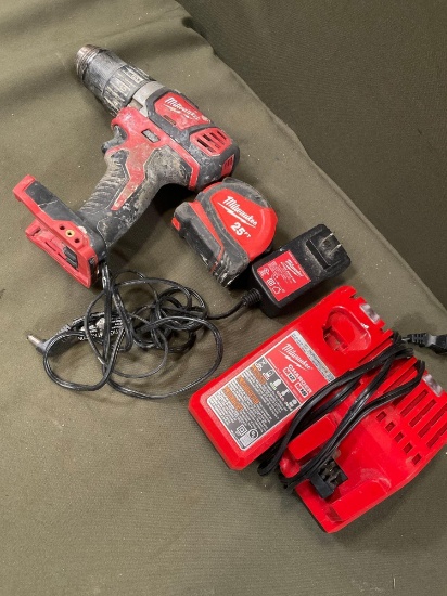 Untested Milwaukee drill, tape measure, adapter, charging station