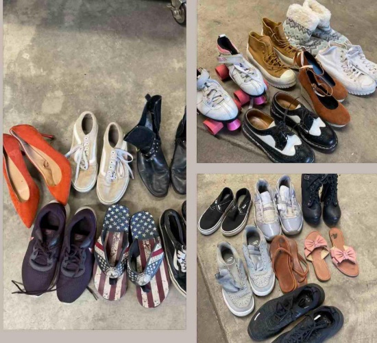 Used assorted pairs of shoes. Converse, Vans, Nike, roller skates, Sandler, etc. 30 pairs