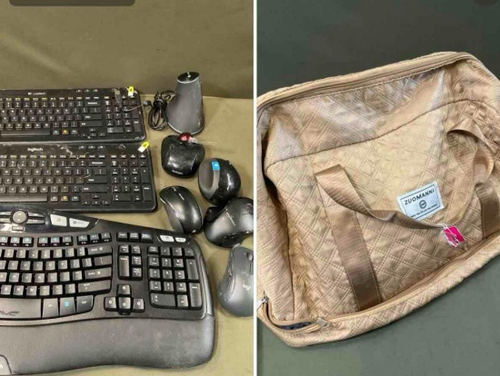 3) Logitech key boards 6) assorted computer mouses, Blassport rolling bag