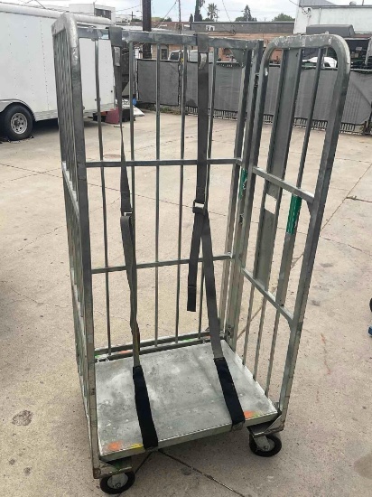 Galvanized, three sided, roll cage cart with straps. 69" x 33" x 28"