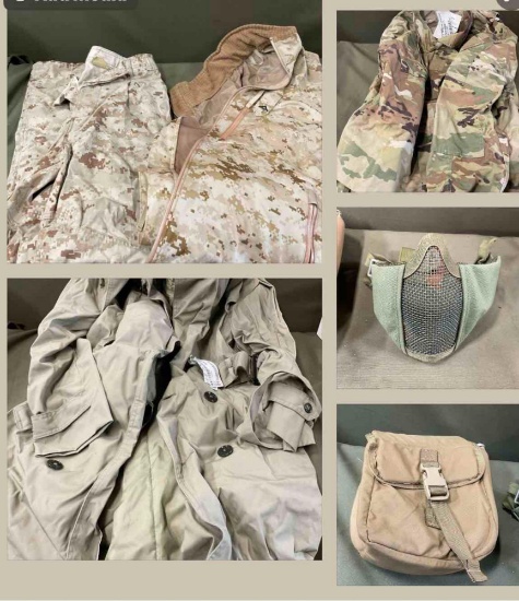 New combat coat, all weather coat. Used pants, combat desert jacket, airsoft mask & pouch. see pics