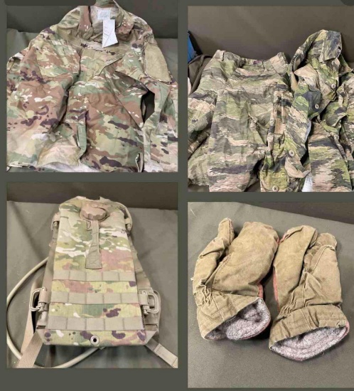 Gloves, True Spec pant and jacket, hydration carrier, combat coat with tags. See pics for sizes