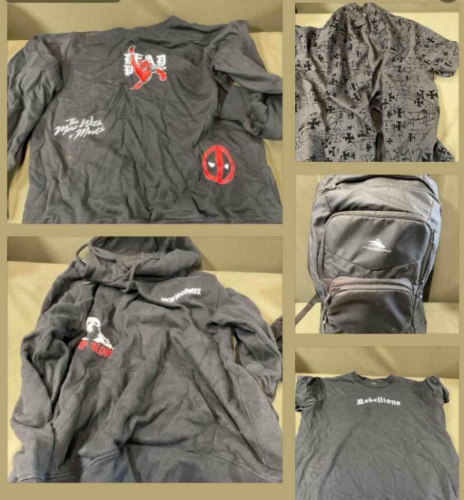 Deadpool long sleeve, Jason Friday the 13th hoodie, rolling Sierra backpack, & shirts. See pics for