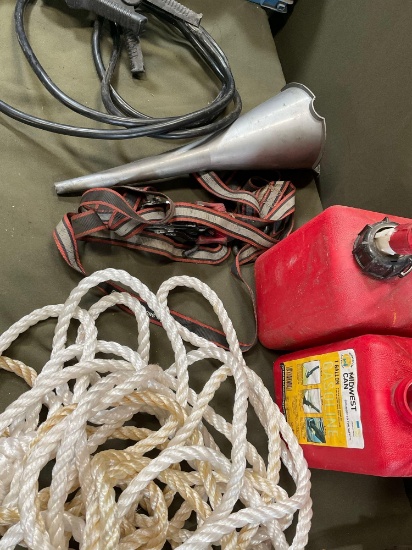 1 gallon gasoline containers, rope, funnel, cables, strap