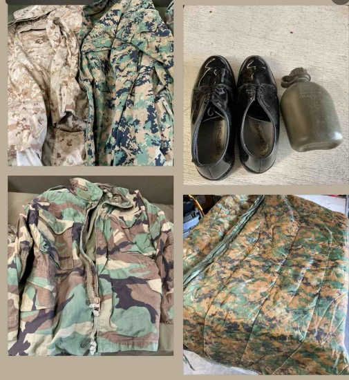 Shirts see pics for sizes, Small jacket zipper works, shoes size 8.5, canteen & liner wet weather