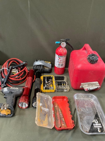 Gasoline container, jumper cables, flashlights, Makita drill no battery, etc