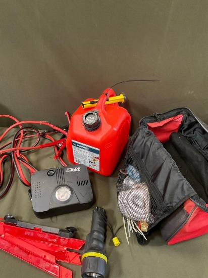 Bridgestone emergency roadside assistance kit & 2 gallon gasoline container