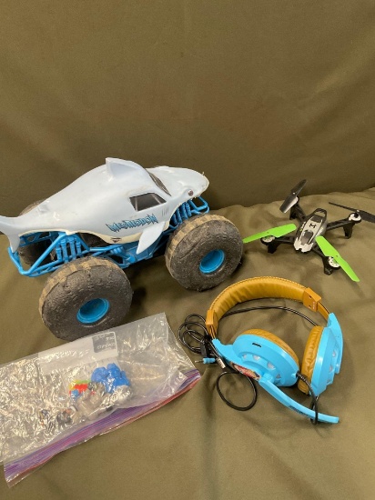 Megalodon car, Typer drone no remote, toy figurines, headphones
