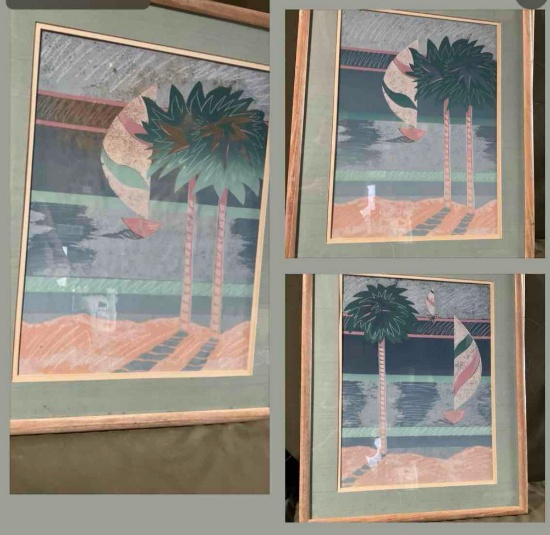 Framed 80's 32" x 26"x 1" wall art. 3 pieces