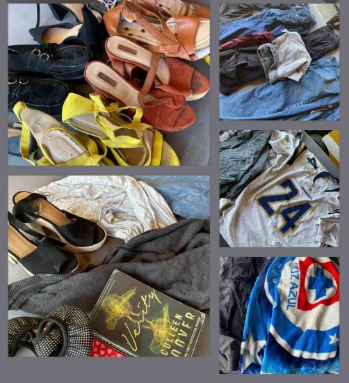 Used, assorted shoes and clothing. Over 60 pieces