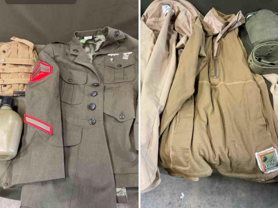 Military coat, canteens, tie, shirts, pouches, belt. 8 pieces